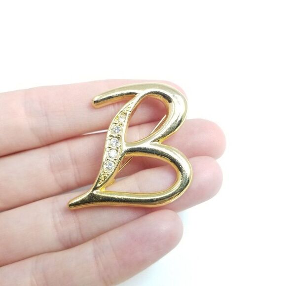 Vintage B Brooch, Monogram Initial Lapel Pin, Gold Tone with Rhinestones - Picture 2 of 6